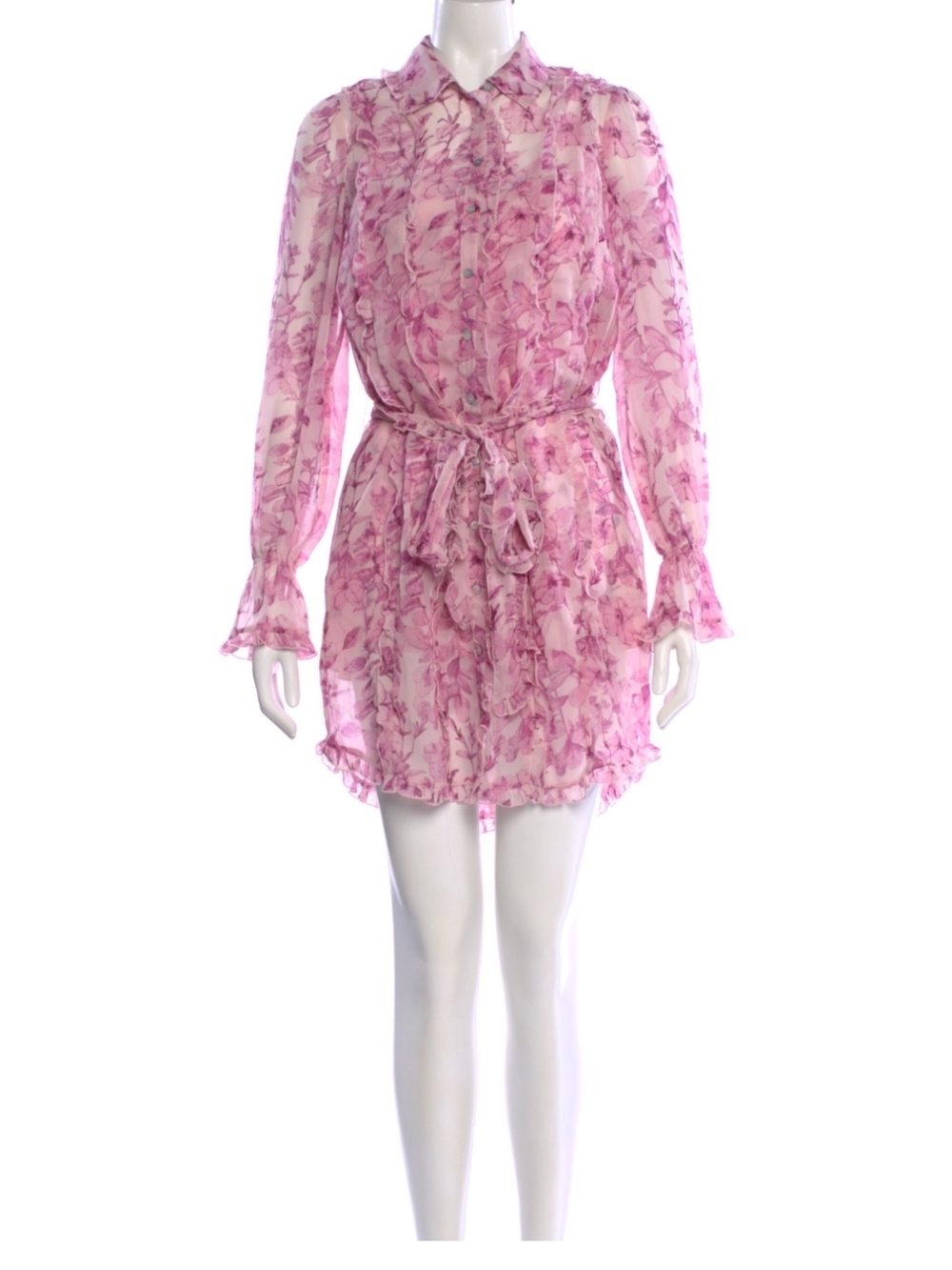 cinq a sept Pink Floral Ruffle Tie-Waist Long Sleeve Dress